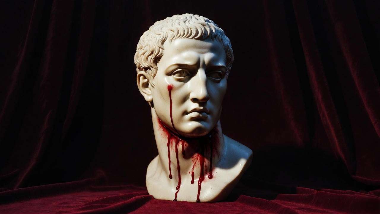 Marble bust of Julius Caesar bleeding from dagger wound, Shakespeare symbolism