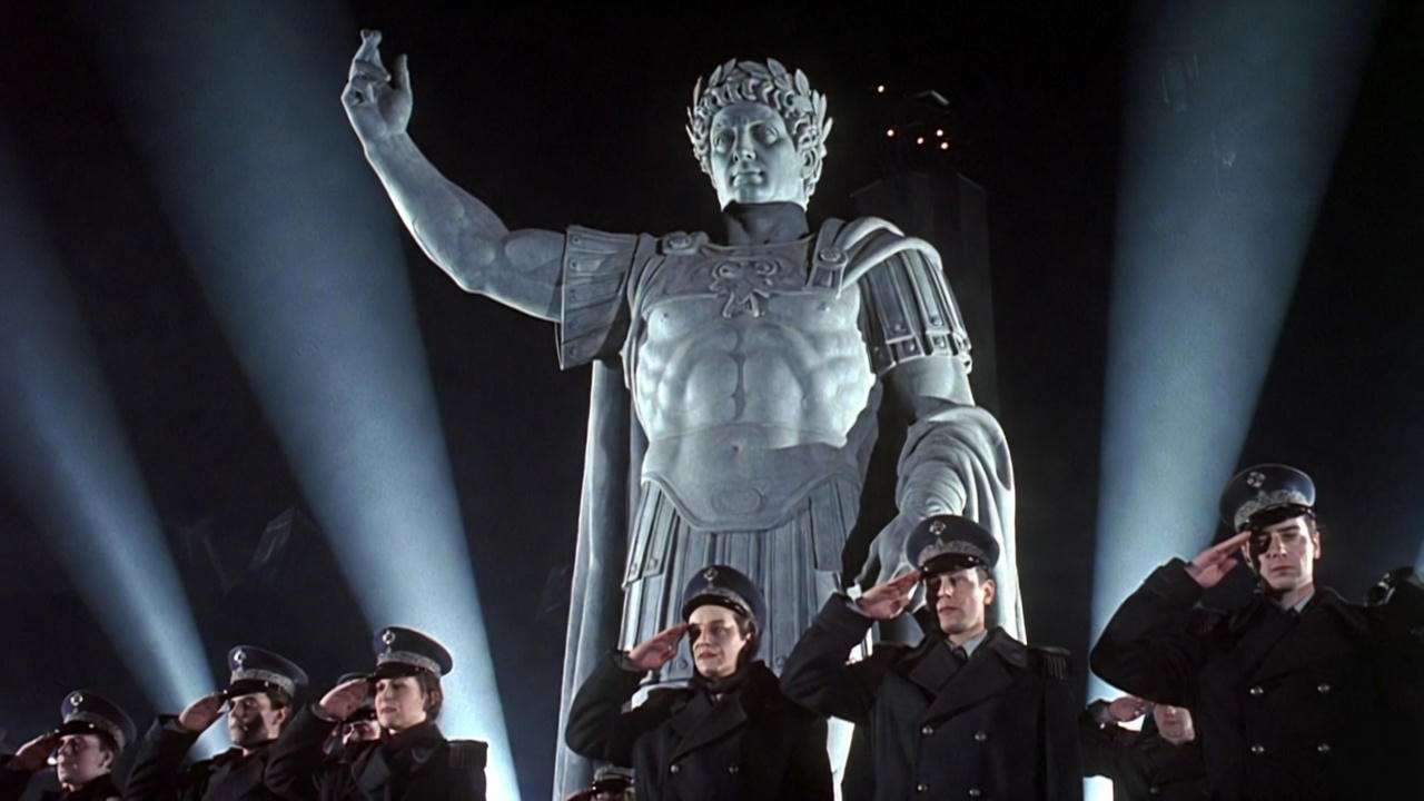 1937 Mercury Theatre fascist statue of Julius Caesar under searchlights, Orson Welles production