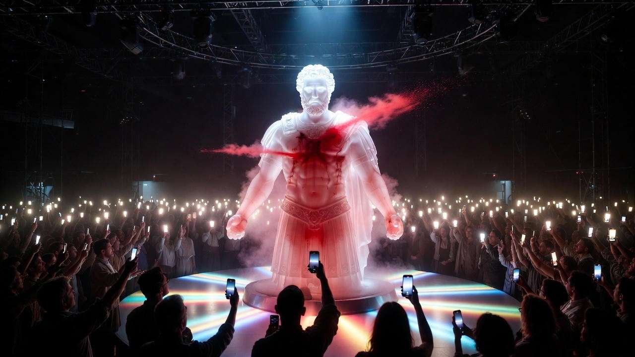 3D-printed bleeding Caesar statue in 360-degree immersive theatre, modern Shakespeare staging