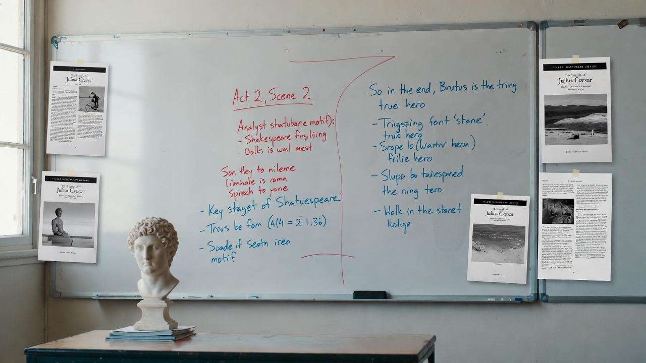 Classroom whiteboard analyzing statue of Julius Caesar symbolism in Shakespeare, educational tools