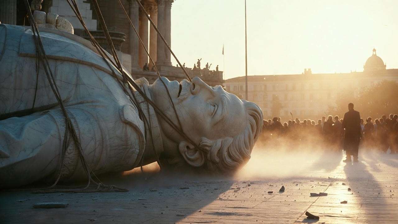 Toppled dictator statue in public square, modern iconoclasm parallel to Julius Caesar