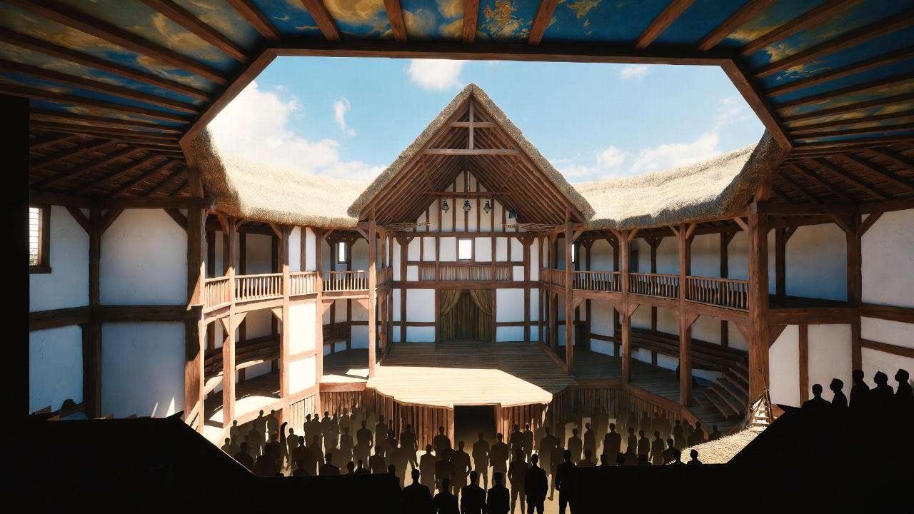Cross-section of Shakespeare's original Globe Theatre thrust stage and open roof under daylight