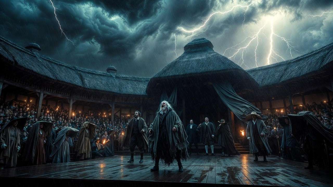 King Lear storm scene under open sky at Shakespeare's Globe during real rain