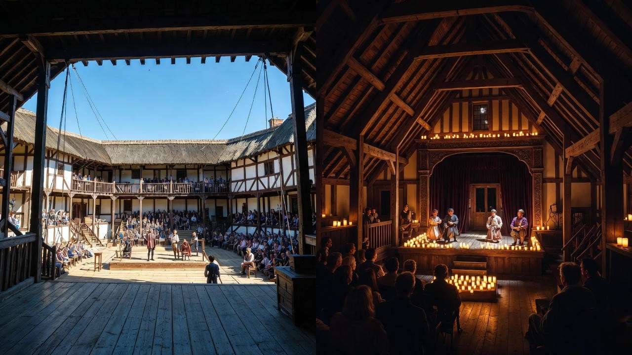 Side-by-side comparison of open-air Globe and indoor Blackfriars Shakespeare performance spaces