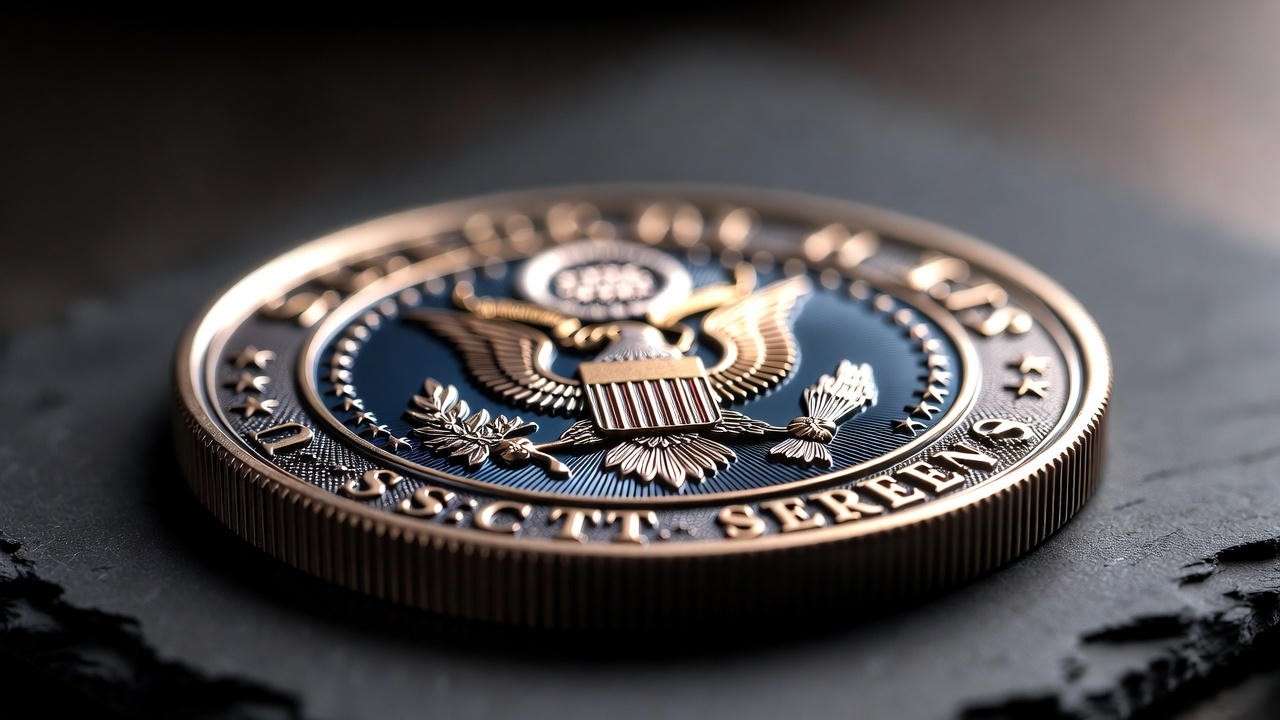 Macro view of authentic Secret Service challenge coin showing presidential seal and reeded edge details