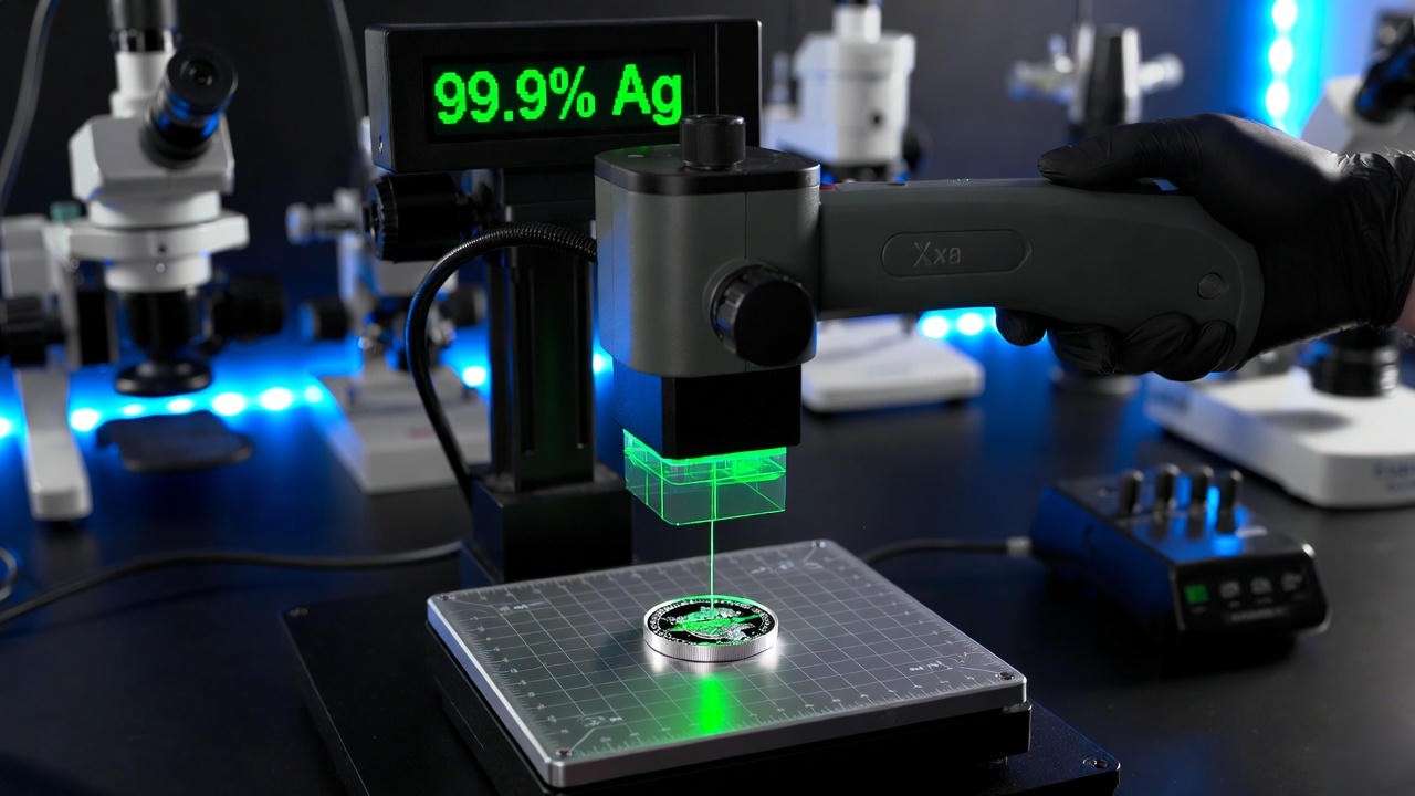 XRF spectrometer authenticating Secret Service challenge coin in professional lab