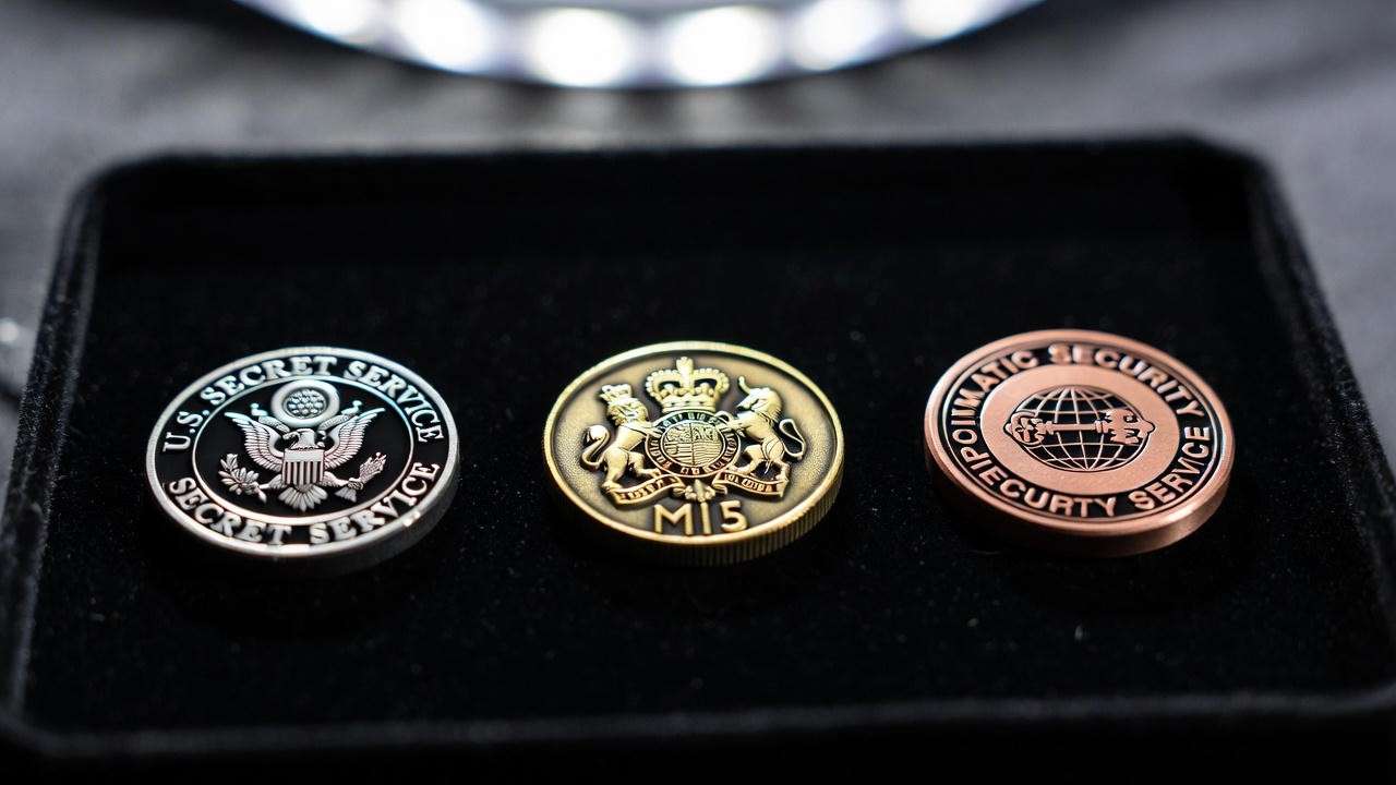 Side-by-side comparison of USSS, MI5, and DSS challenge coins in silver, gold, and bronze