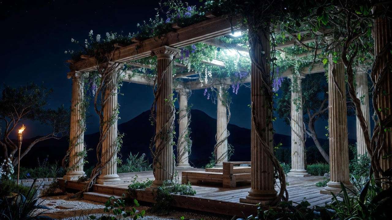 Reconstructed Roman pergula in Pompeii, elevated deck for philosophical retreat like Brutus’s tree house