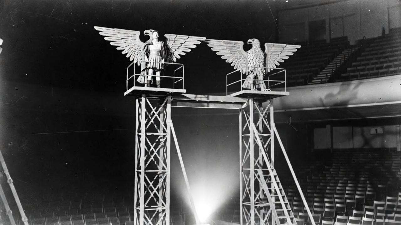 Orson Welles 1937 Julius Caesar with Brutus on elevated fascist eagle scaffolding tree house interpretation
