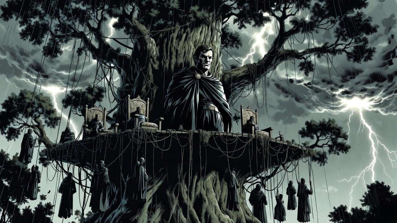 Kill Shakespeare graphic novel panel of Brutus in tree fortress, modern tree house Julius adaptation