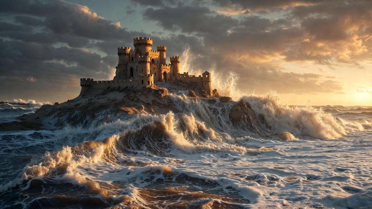 Sandcastle eroded by waves symbolizing time’s destruction in Shakespeare Sonnet 64