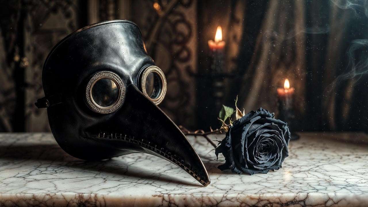 Plague mask and wilted rose representing love as fever in Shakespeare Dark Lady sonnets