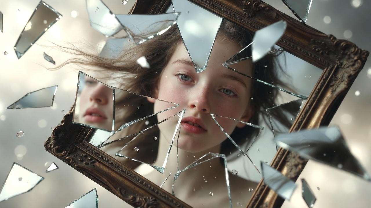 Shattered mirror reflecting androgynous youth symbolizing fluid desire in Shakespeare Sonnet 20