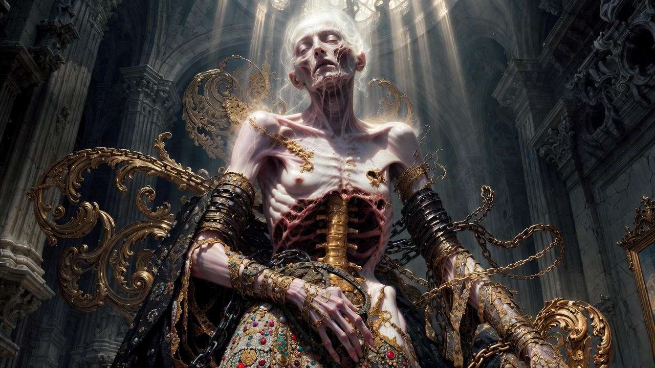 Translucent soul chained within decaying body illustrating Shakespeare Sonnet 146 inner conflict