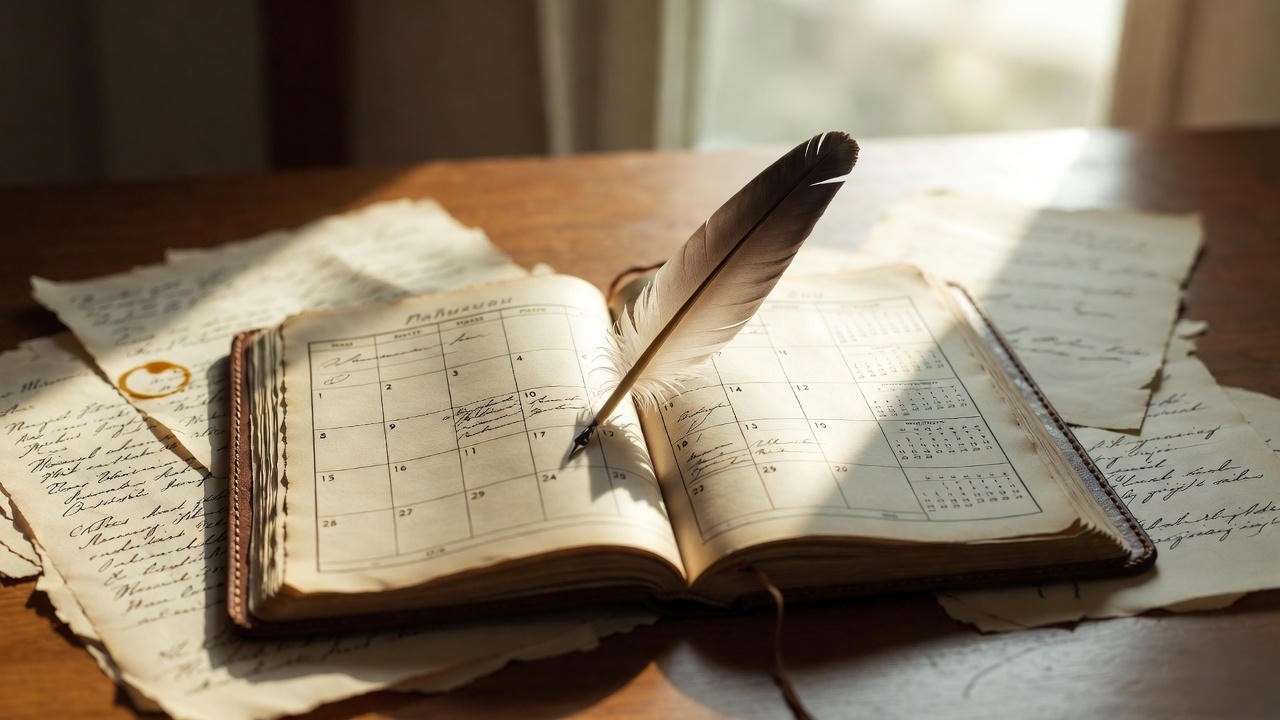 Open journal with 30-day Shakespeare sonnet reading plan on wooden desk