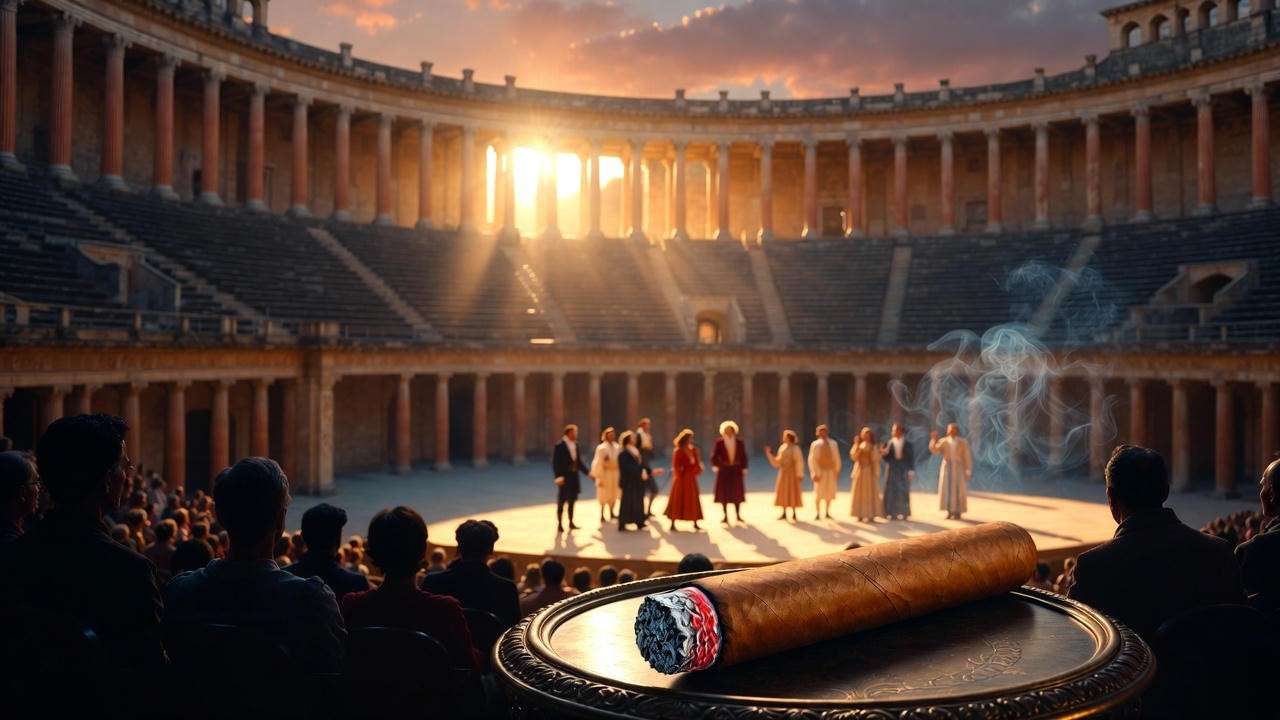 Dramatic Roman theater scene with a Julius Caesar cigar on an ornate table, inspired by Shakespeare's play