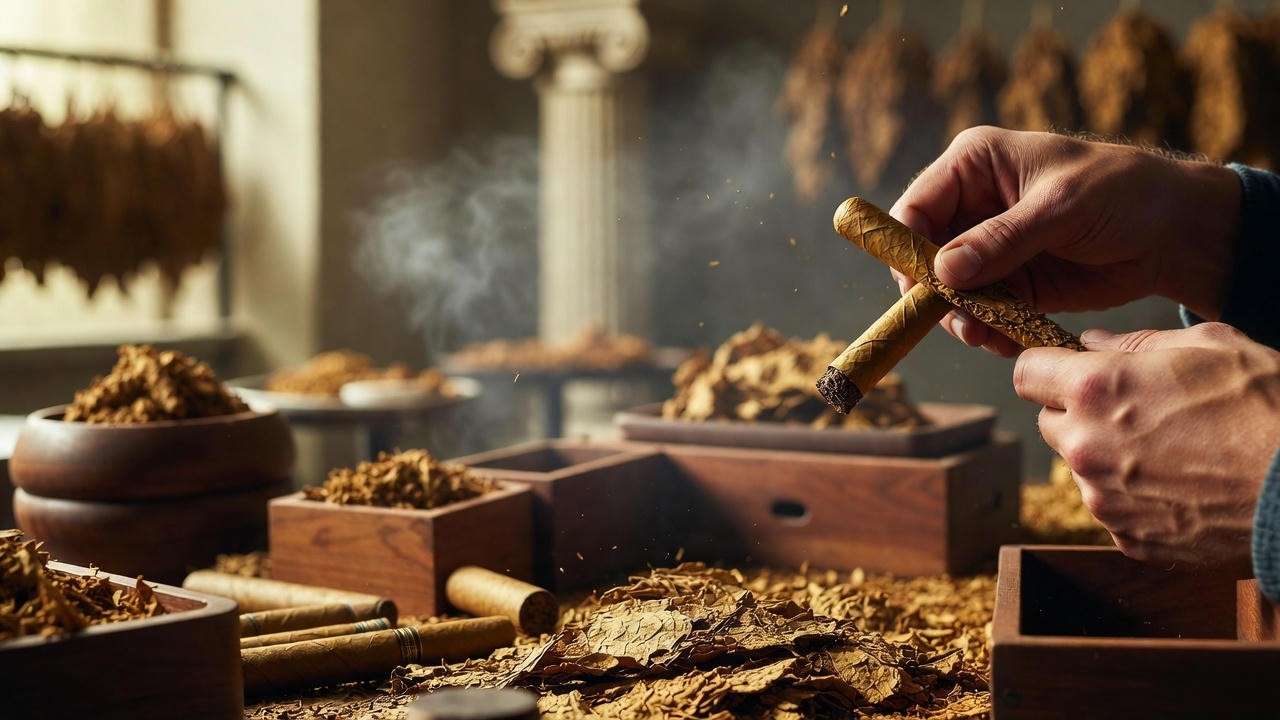 Close-up of hands crafting a Julius Caesar cigar with tobacco leaves and tools in a workshop