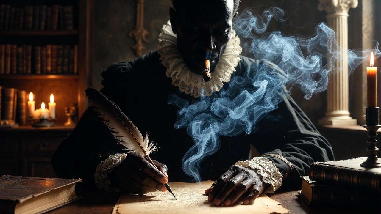 Mystical Elizabethan study with a Julius Caesar cigar smoke and quill over parchment."