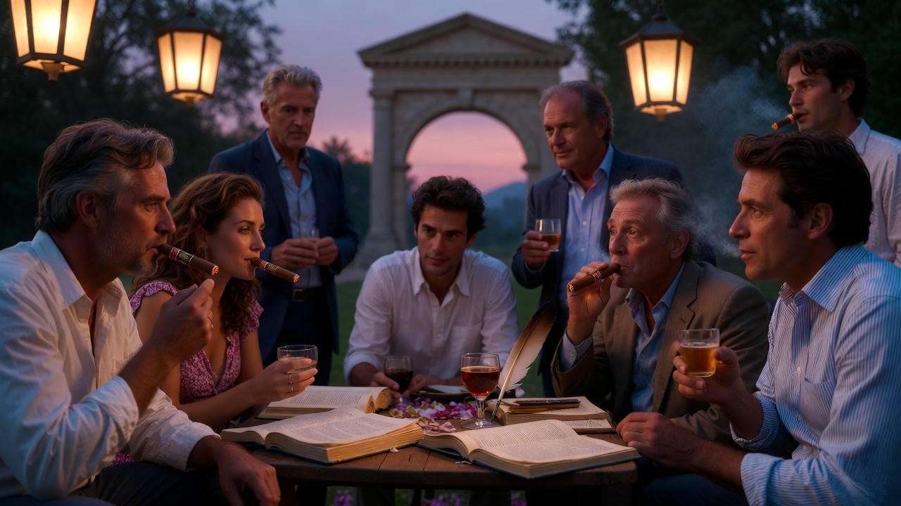 Elegant twilight gathering with people enjoying Julius Caesar cigars and books under a Roman arch.