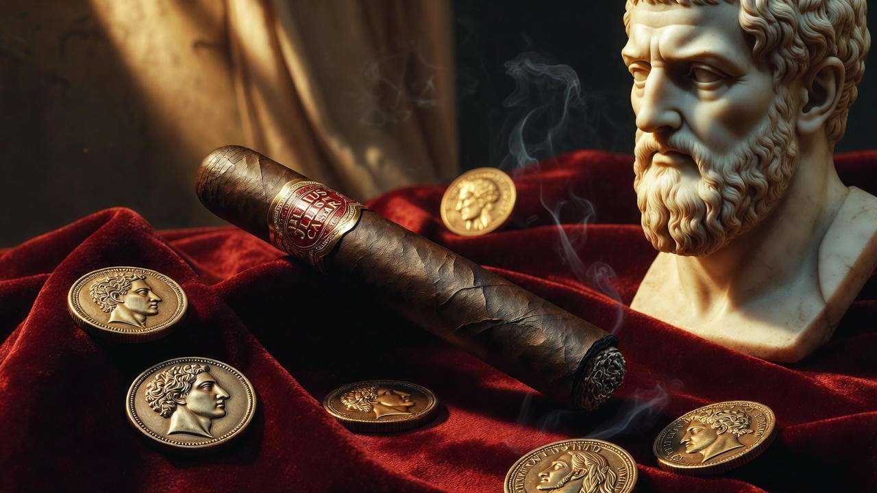 Artistic collage of a Julius Caesar cigar with Roman coins and a marble bust