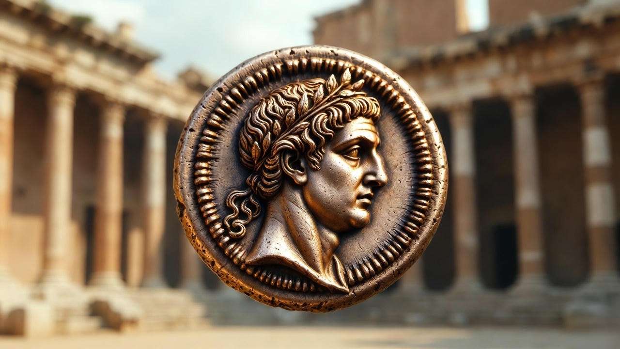 Roman coin with Venus and elephant design on velvet, blurred Roman forum background