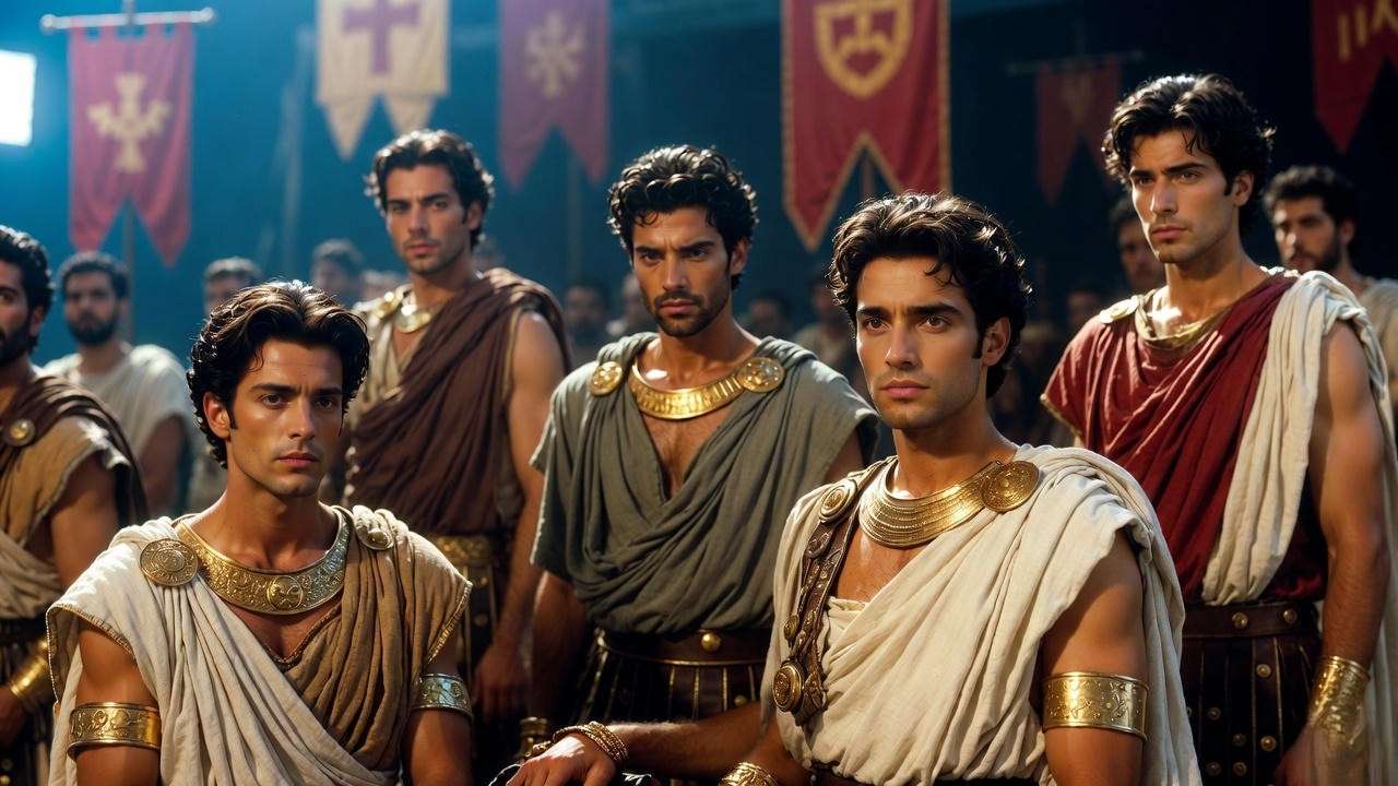 Theatrical scene of Shakespeare’s Julius Caesar with actors and large Roman coin prop