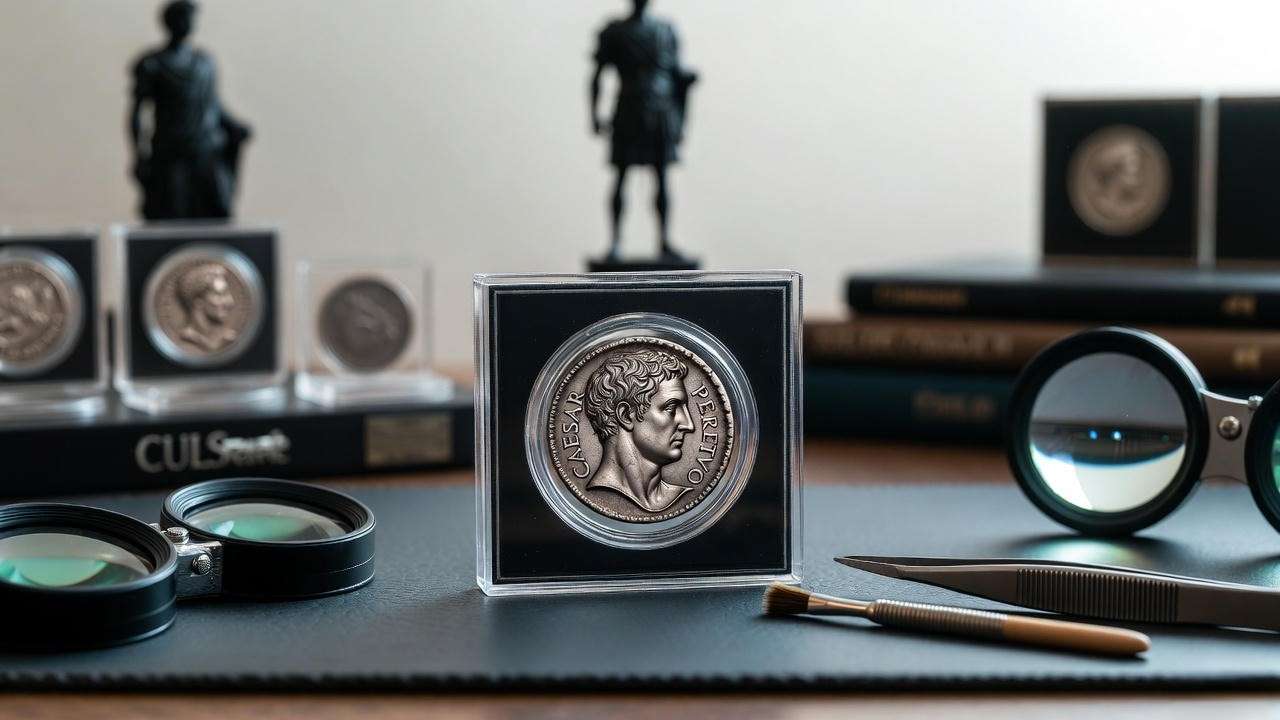 Collector’s workspace with Julius Caesar Roman coin in holder and numismatic tools