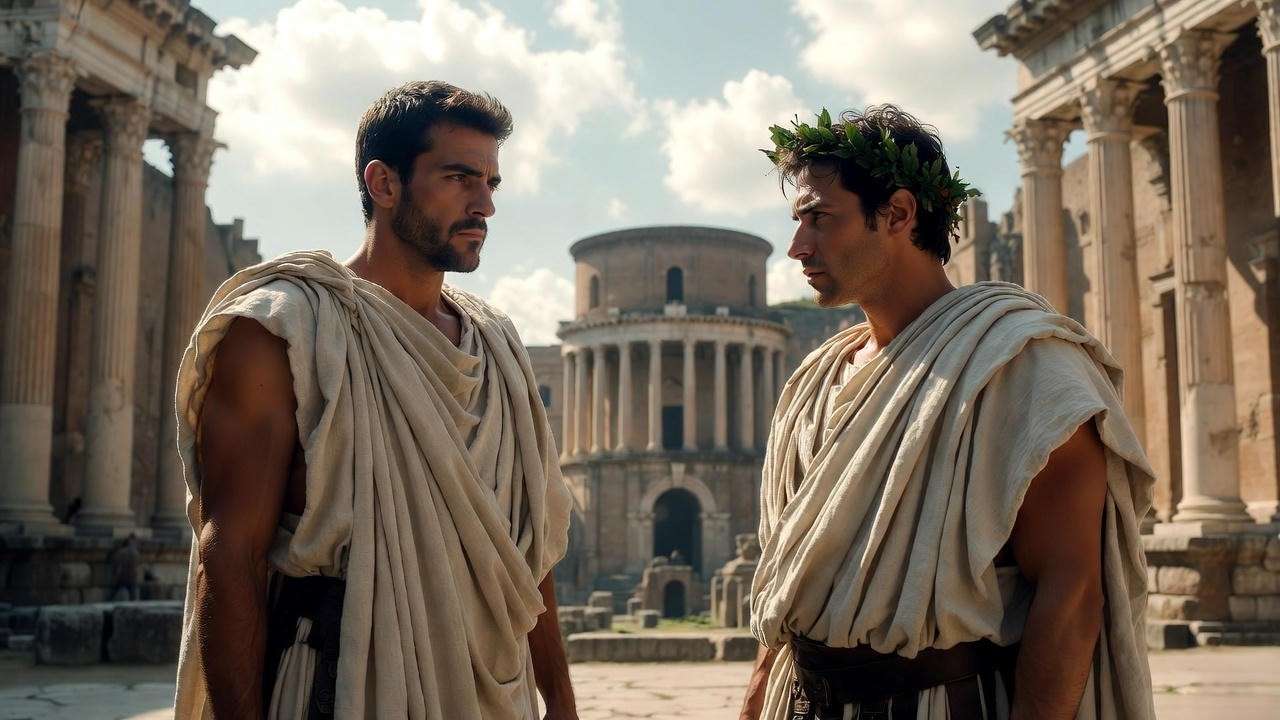 Roman figures in togas with laurel wreath in Roman Forum symbolizing power in Julius Caesar.