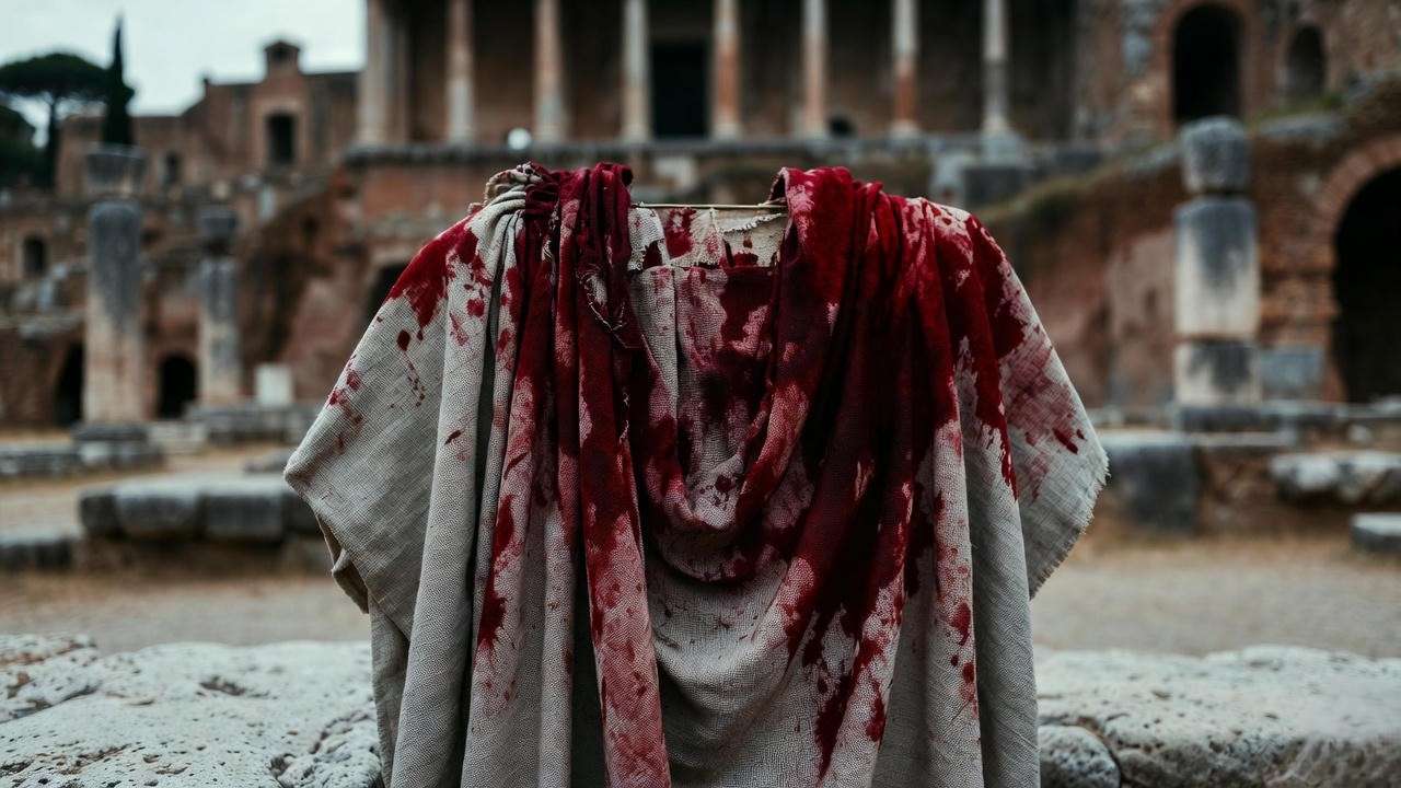 Blood-stained Roman toga with crumbling senate house symbolizing betrayal in Julius Caesar.
