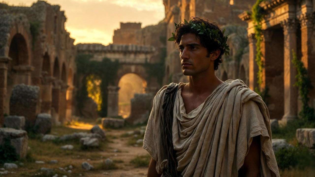 Contemplative Roman figure in ruins symbolizing Brutus's moral conflict in Julius Caesar