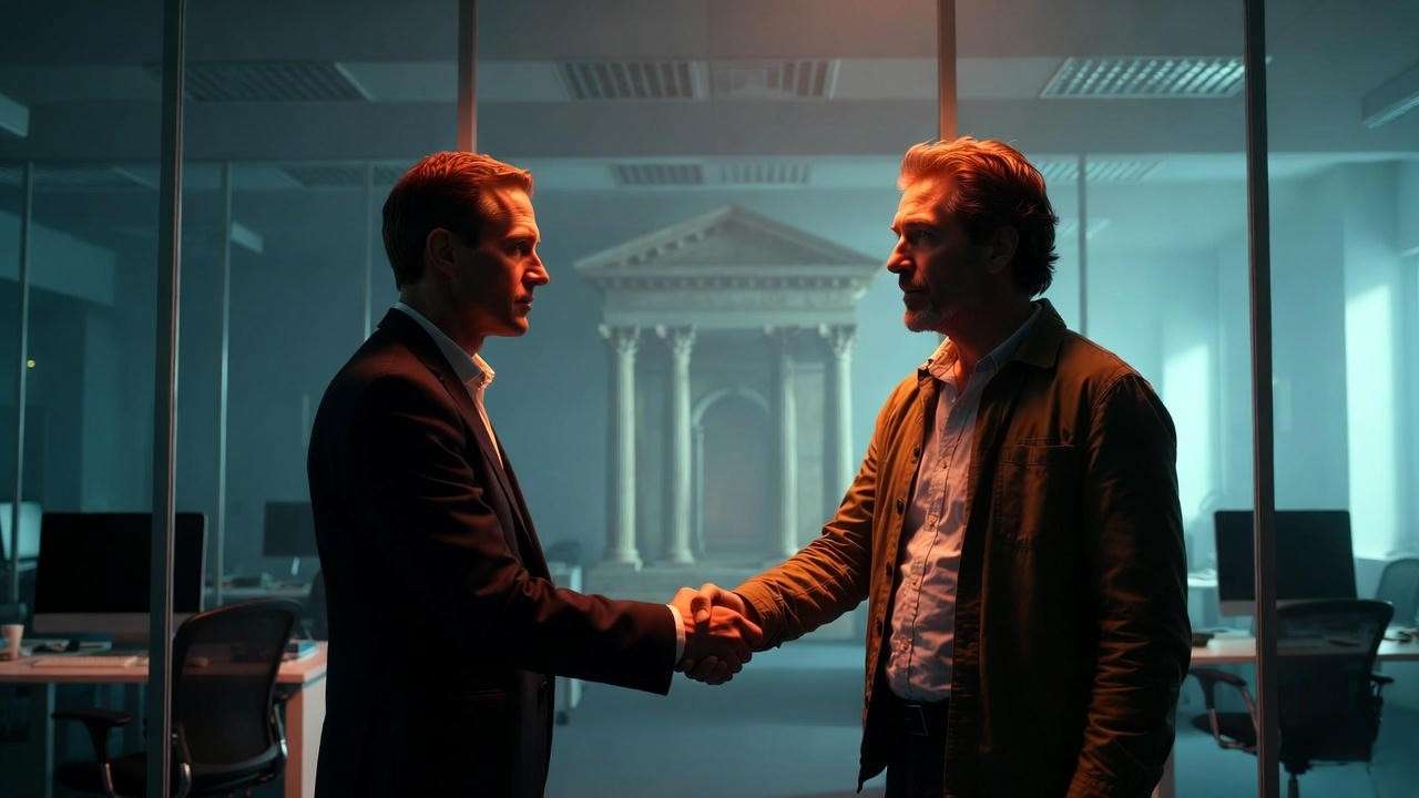 Modern betrayal handshake with Roman elements symbolizing Julius Caesar themes