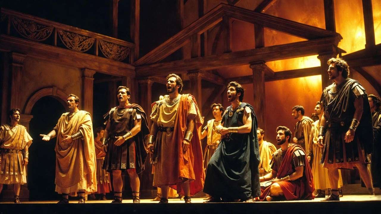 Theater stage with Roman actors symbolizing Julius Caesar cultural impact.
