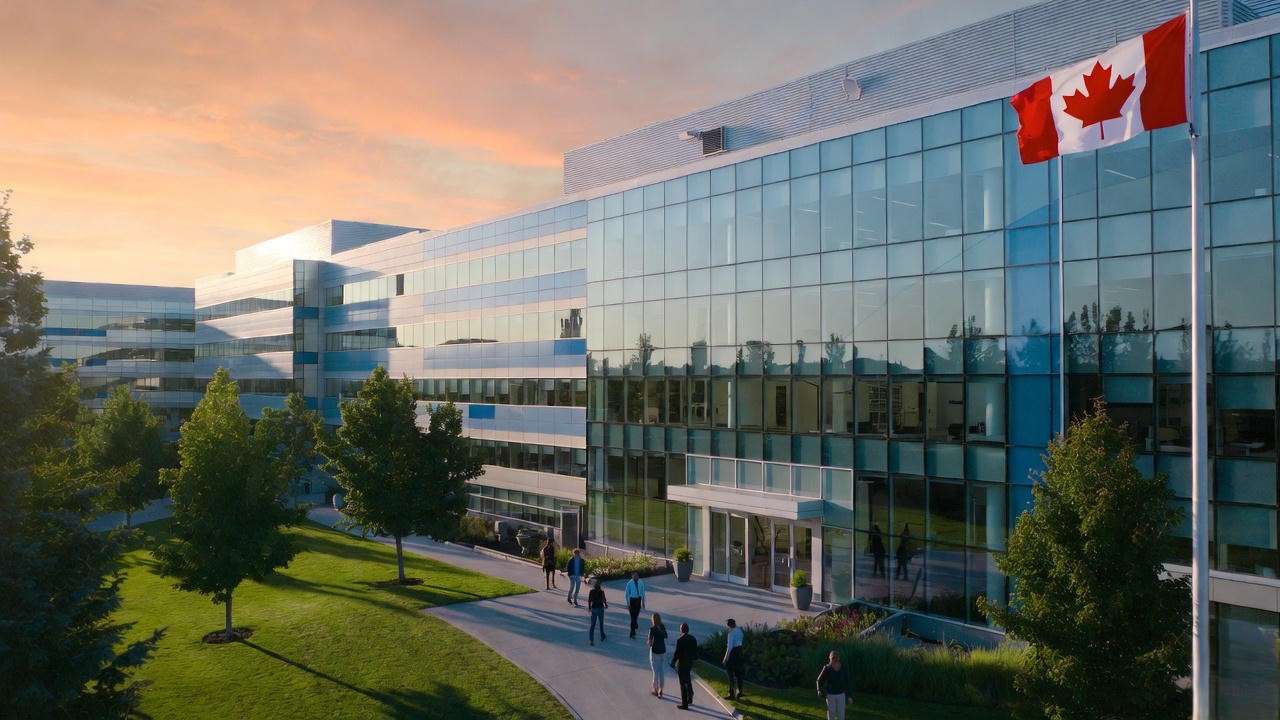 Bell Canada headquarters campus at sunrise with employees arriving for work