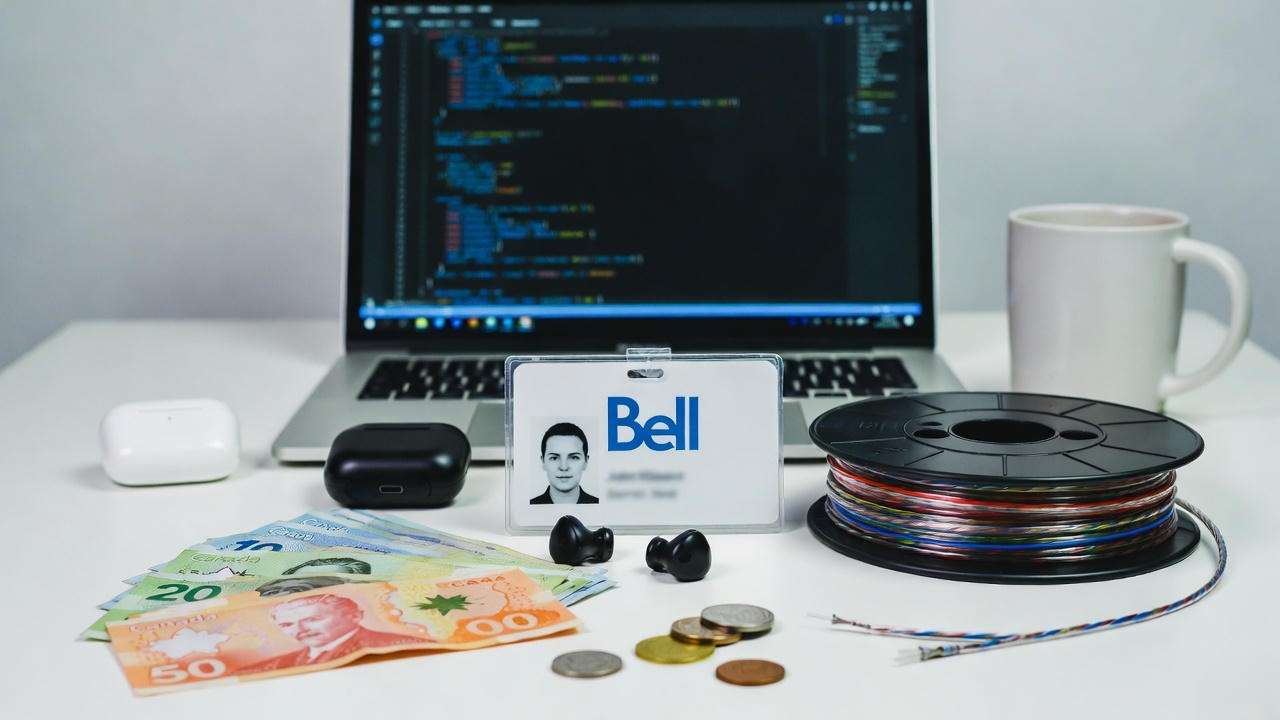 High-paying BCE job symbols: Canadian salary, fibre cable, tech tools and Bell badge