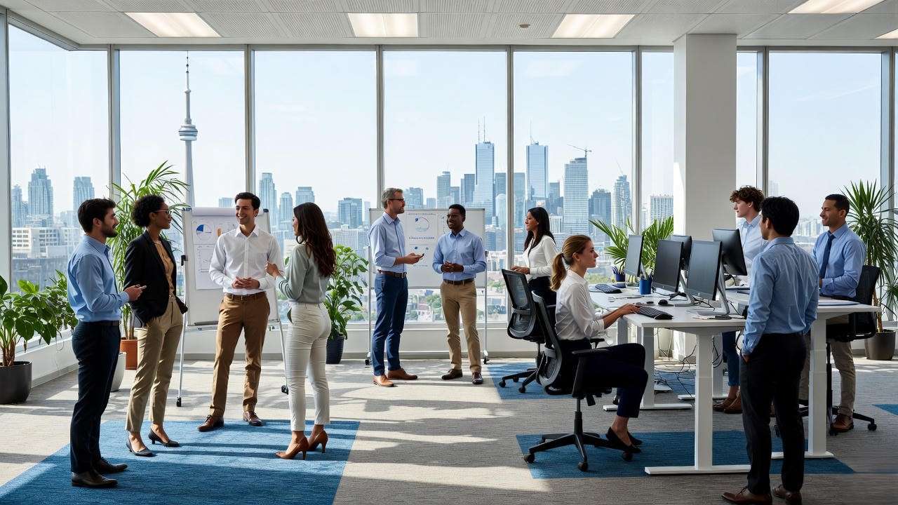 Real day in the life of Bell Canada employees collaborating in modern office