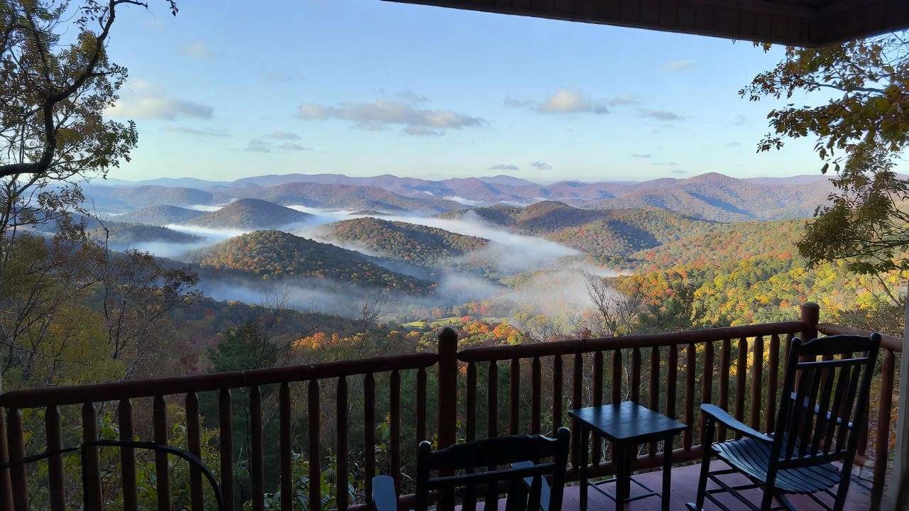 Stunning Blue Ridge Mountain views from a private balcony at Julian Woods Retirement Community in Arden NC