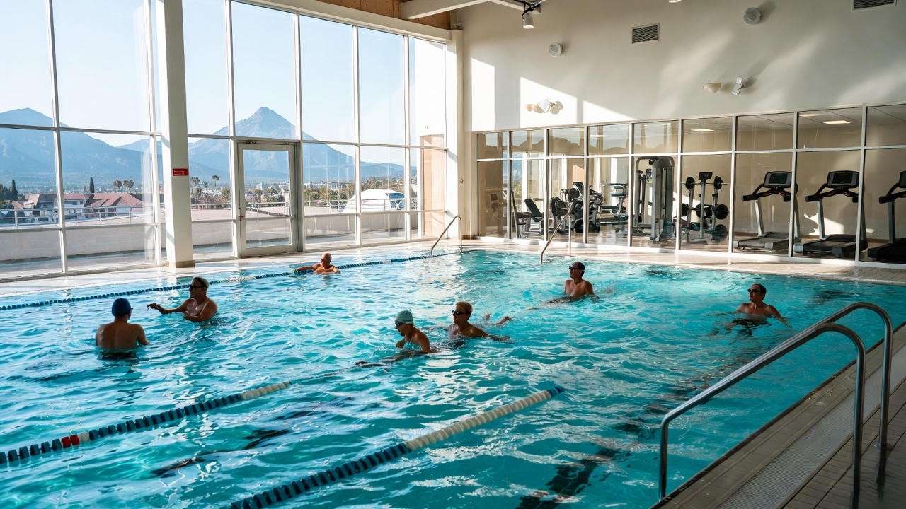 Heated indoor saltwater pool and wellness center at Julian Woods Retirement Community