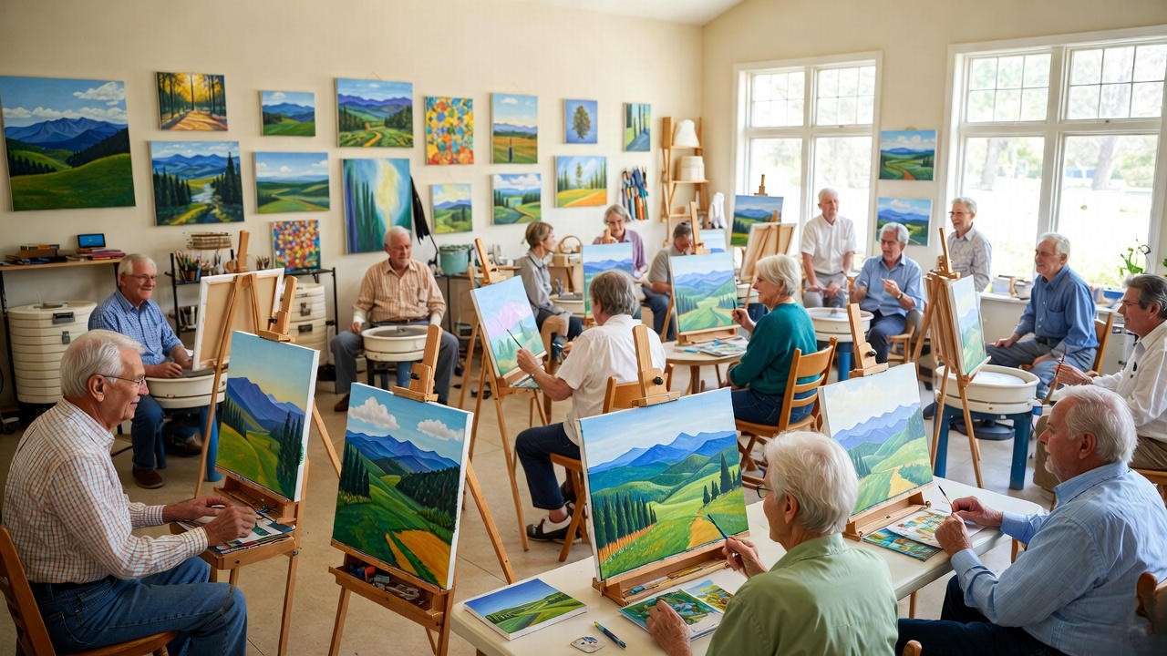 Residents painting in the professional art studio at Julian Woods Retirement Community