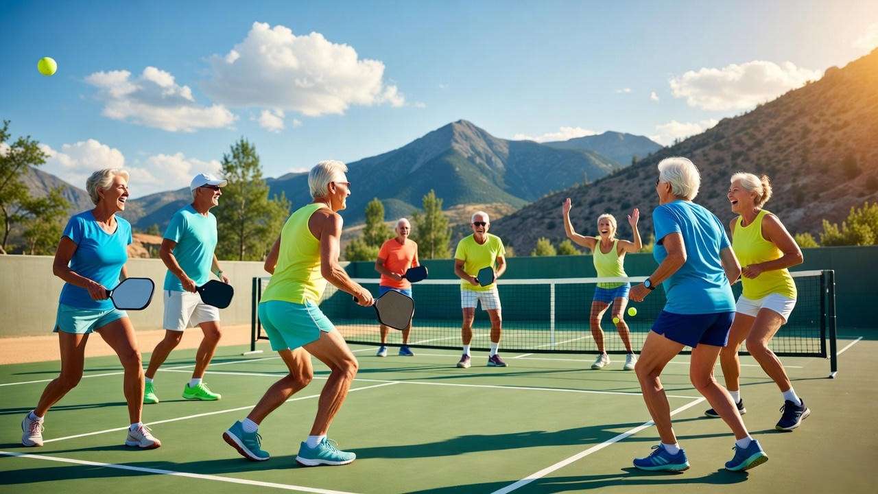 Residents enjoying pickleball courts at Julian Woods Retirement Community in the Blue Ridge Mountains