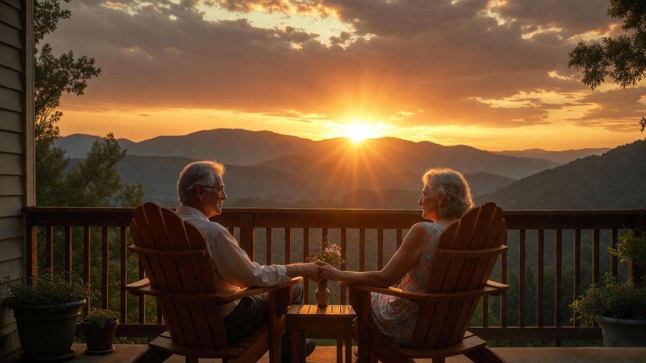 Senior couple enjoying sunset mountain views from their cottage patio at Julian Woods Retirement Community