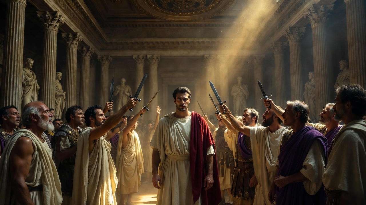Julius Caesar assassinated by conspirators in the Roman Senate on the Ides of March