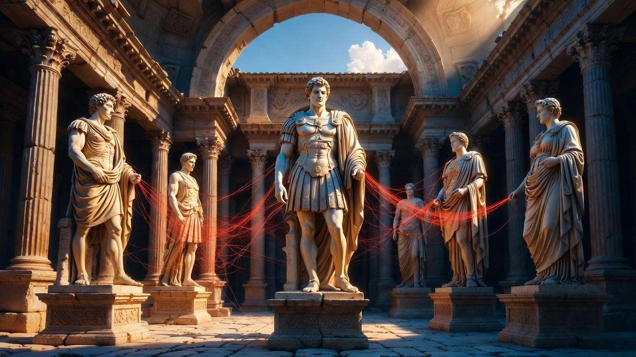 Symbolic character relationship map of Shakespeare’s Julius Caesar showing alliances and betrayals