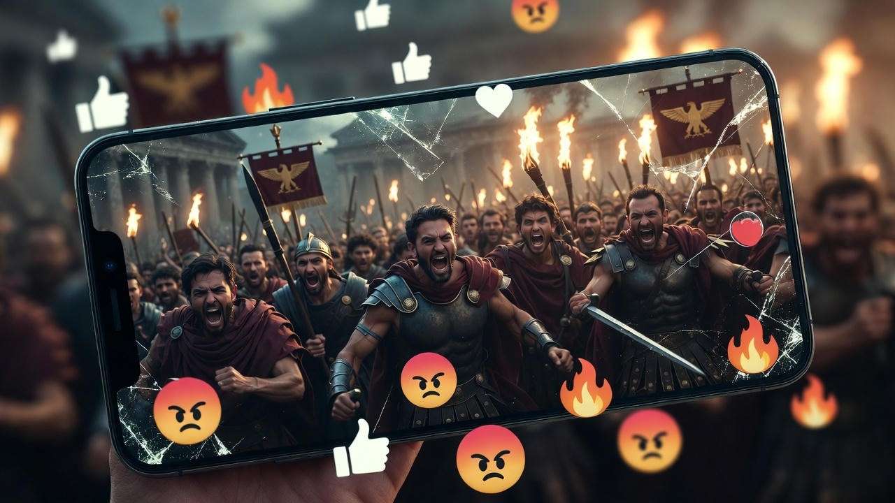 Modern smartphone reflecting ancient Roman mob – social media and mob mentality in Julius Caesar