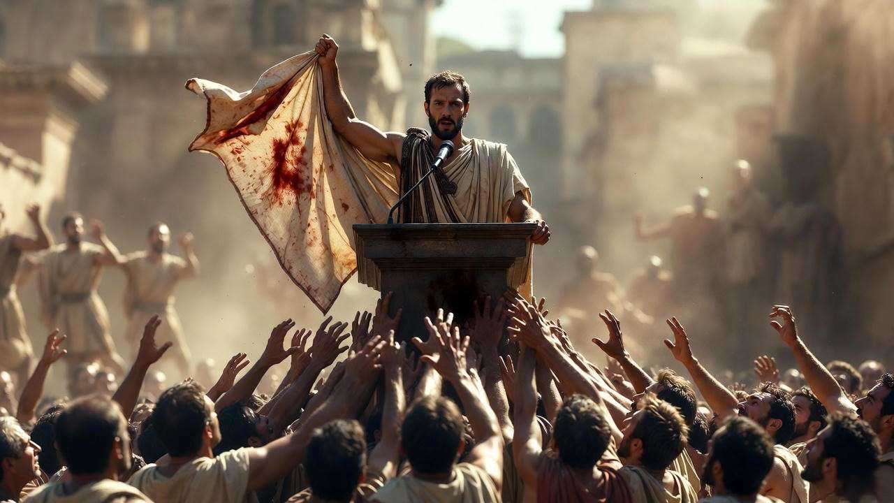 Mark Antony displaying Caesar’s bloodied cloak during the funeral speech in Julius Caesar