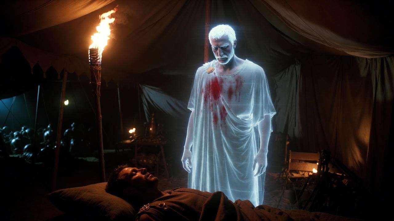 Ghost of Caesar visiting Brutus in the tent – haunting scene from Shakespeare’s Julius Caesar