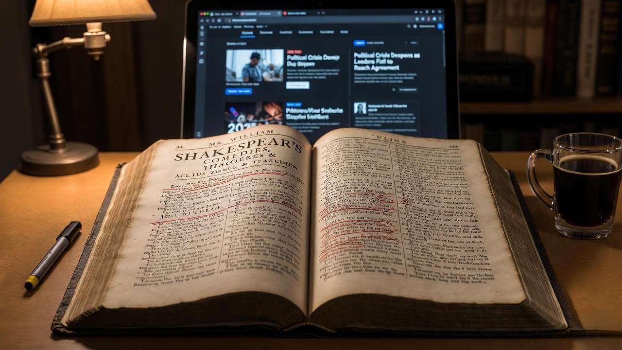 Student studying Shakespeare’s Julius Caesar alongside modern political headlines