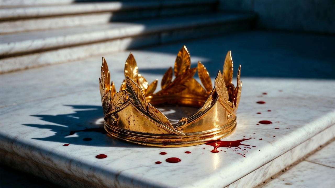 Broken laurel crown in blood on Senate steps symbolizing the fall of the Roman Republic in Julius Caesar