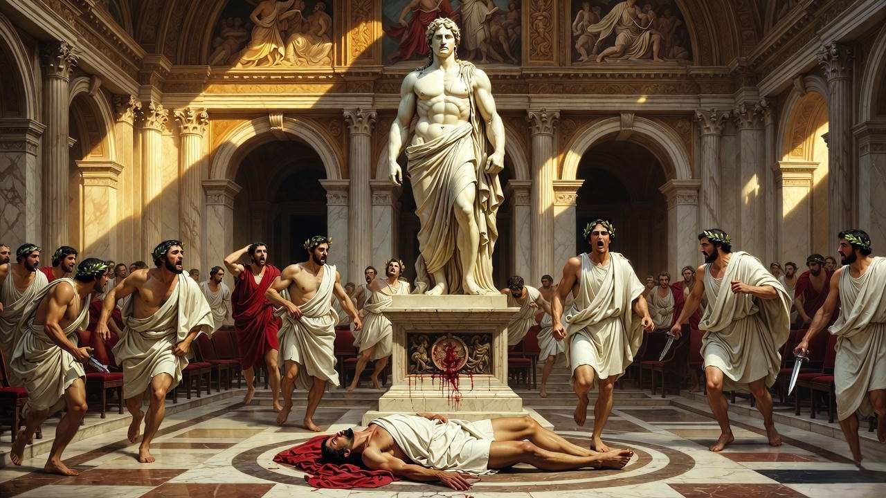 Jean-Léon Gérôme The Death of Caesar 1867, iconic Shakespeare-inspired painting of Julius Caesar assassination in Roman senate