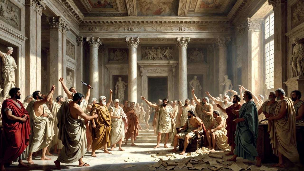 Vincenzo Camuccini Morte di Cesare 1798 showing Casca striking first as in Shakespeare’s Julius Caesar