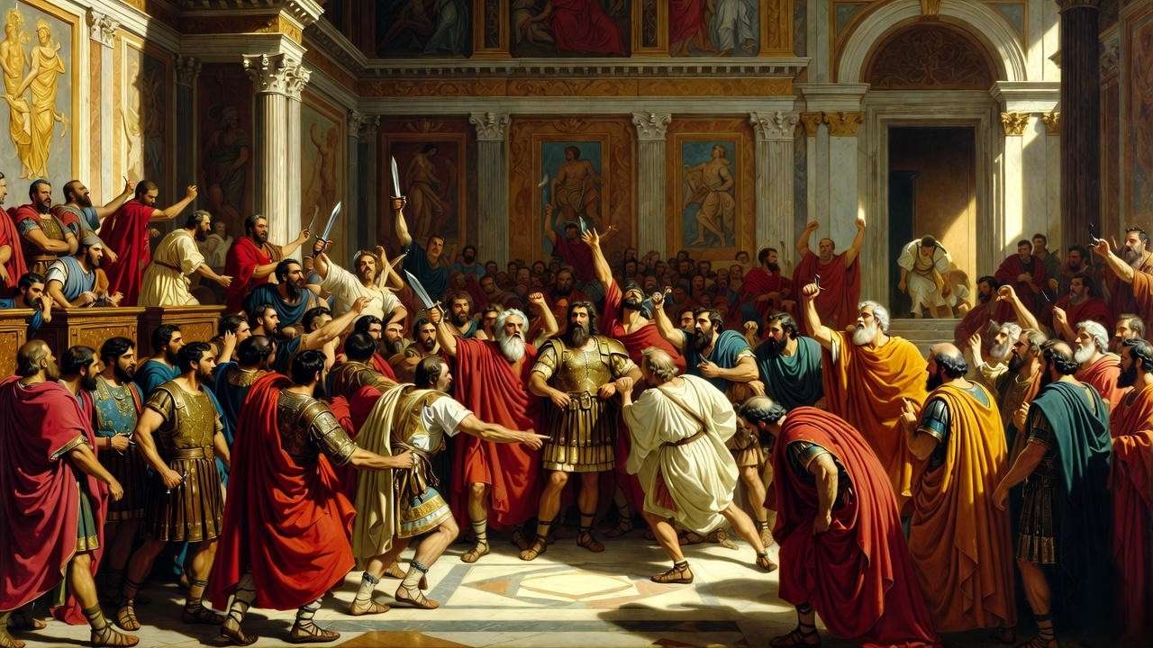 Carl Theodor von Piloty The Assassination of Caesar 1865, massive Shakespeare-inspired Roman senate scene